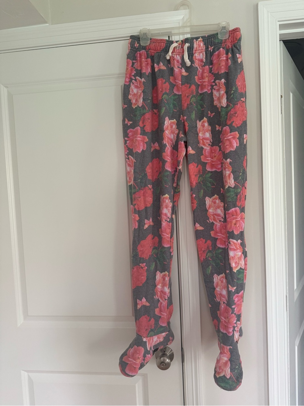 Cozy Floral Footed Pajama Pants - Gray with Pink Roses
